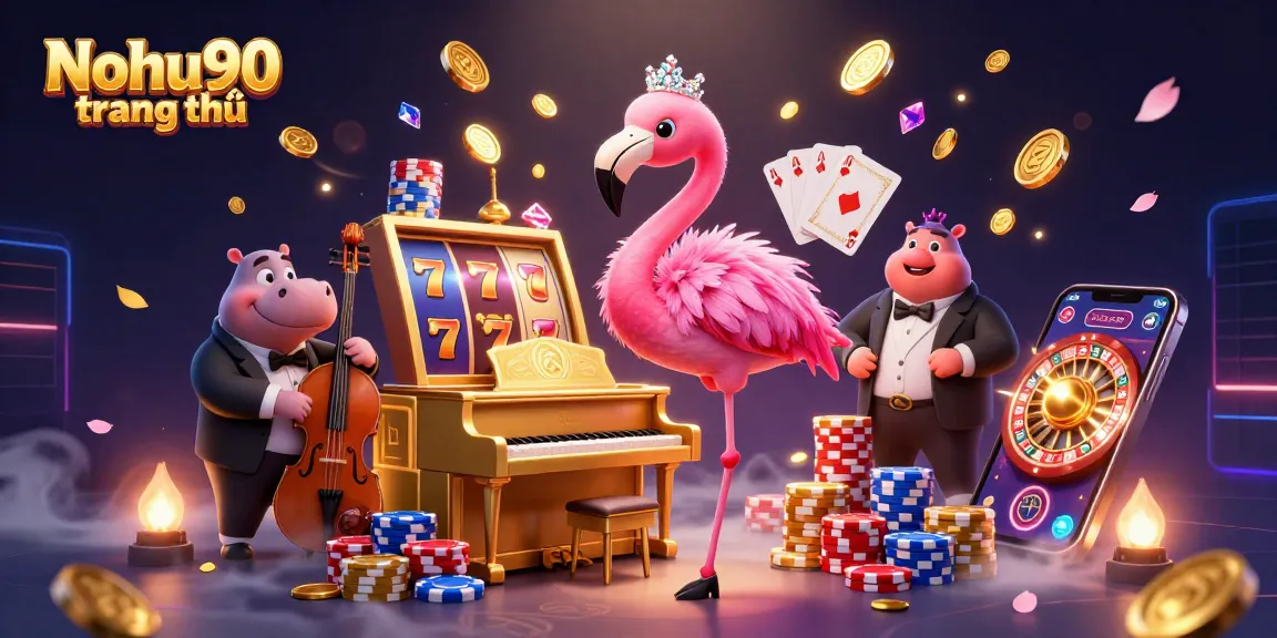 Nohu90 trang chủ showcases a vibrant casino scene with a flamingo singer and jackpot elements.