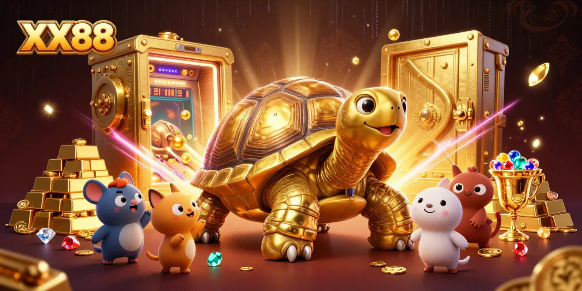 Experience the excitement of playing XX88 with vibrant casino elements surrounding a golden tortoise pinball.