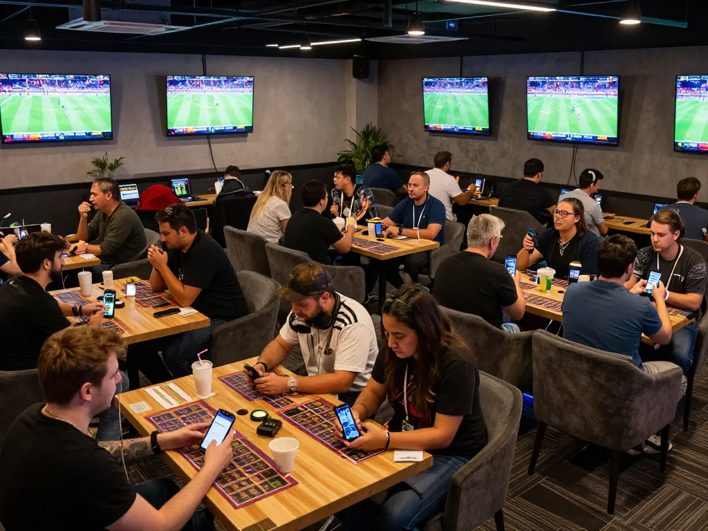 Tỷ lệ kèo trực tuyến being analyzed by fans in a stylish sports betting lounge, excitement visible.