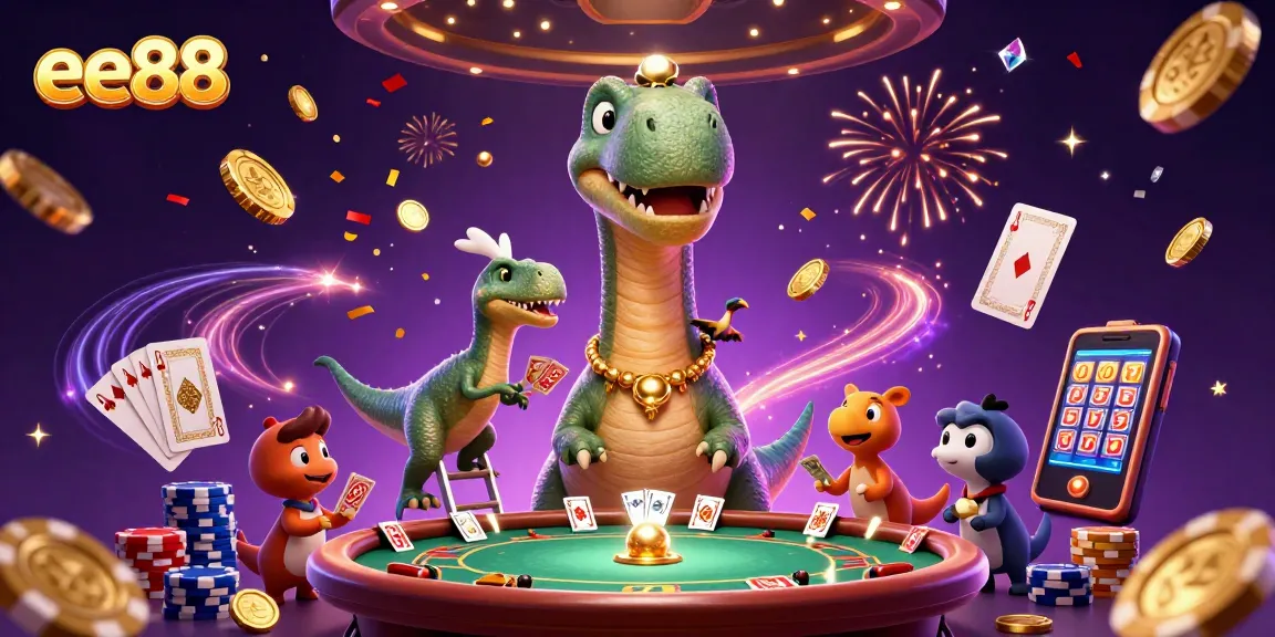 Experience ee88's animated casino adventure with a brontosaurus dealer and vibrant game elements.