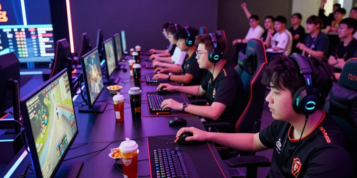 Komunitas online megawin88 saat turnamen game, pemain dengan konsentrasi tinggi dan atmosfer energetik.