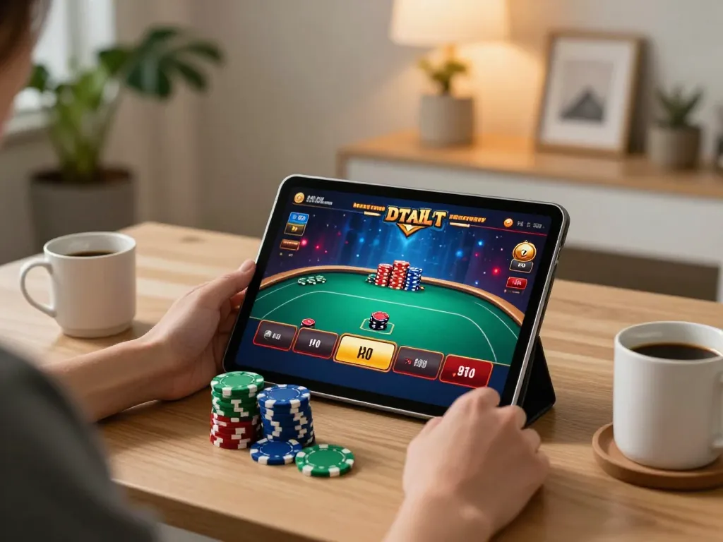 Engaged player at nhà cái 23win using tablet for poker strategy at home