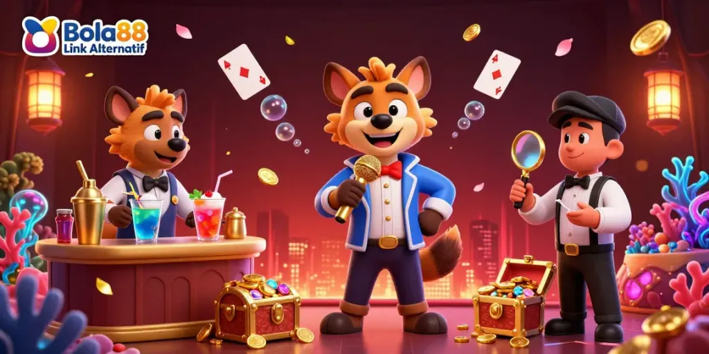 Engage with the fun casino vibe at Bola88 Link Alternatif featuring hyenas in a lively scene.