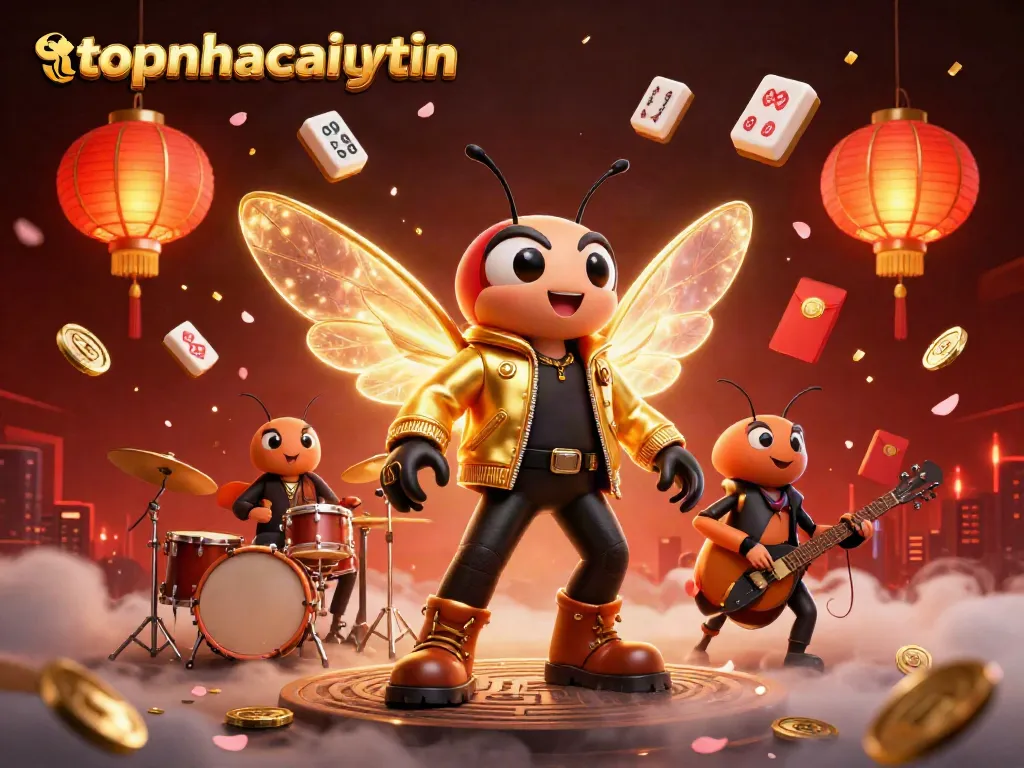 Engage with topnhacaiuytin's vibrant casino experience featuring a unique cartoon rock star scene.
