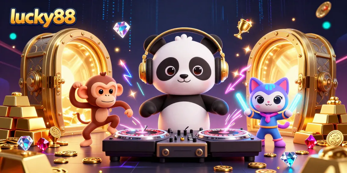 Experience excitement at lucky88 with a vibrant 3D casino scene featuring unique characters in a dynamic atmosphere.