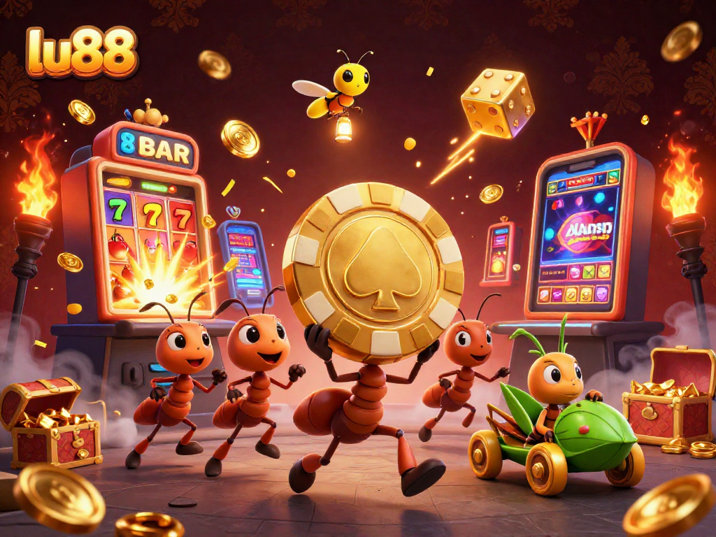 Ants orchestrating a heist for a golden poker chip at LU88, vibrant casino elements and excitement in the scene.