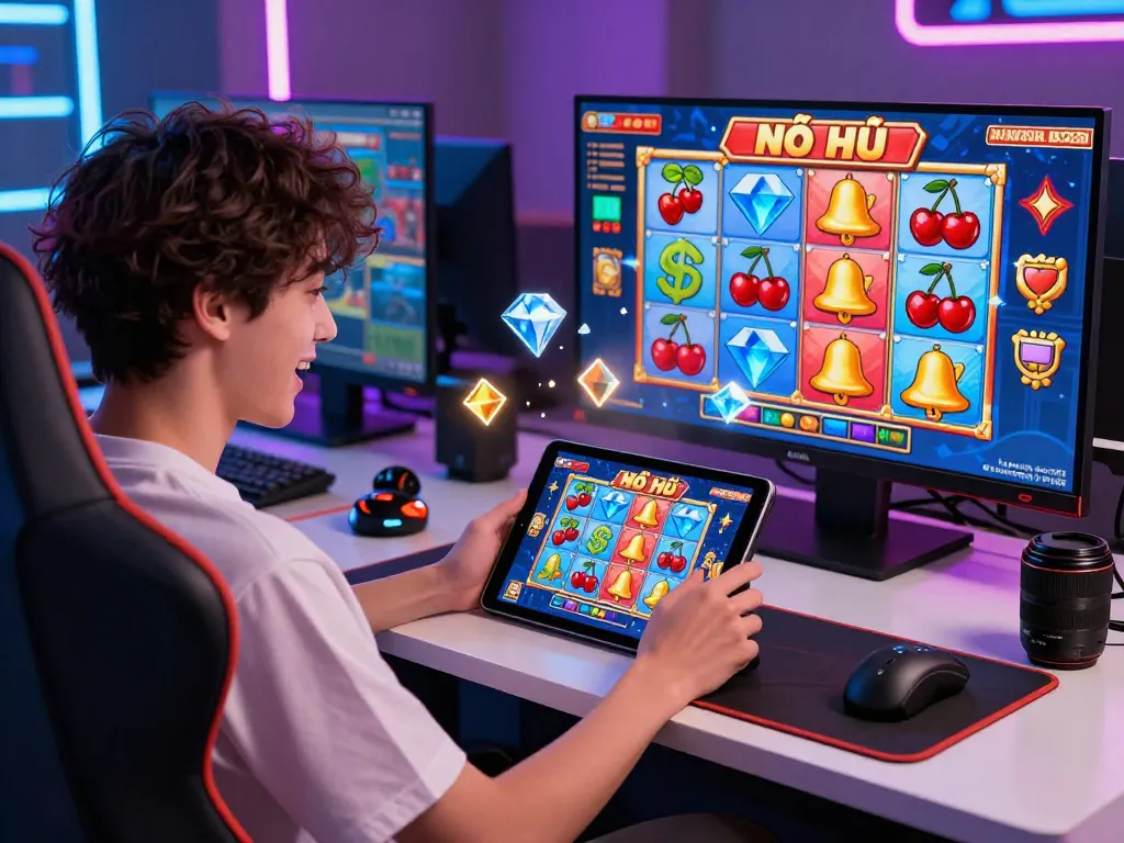 Nổ Hũ là gì? Engaging player enjoying vibrant online slot game with colorful symbols and exciting atmosphere.