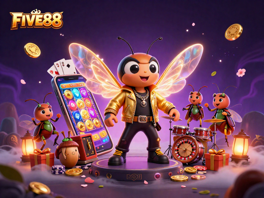Experience the excitement of FIVE88 with a vivid 3D cartoon casino scene featuring energetic characters and slot game elements.