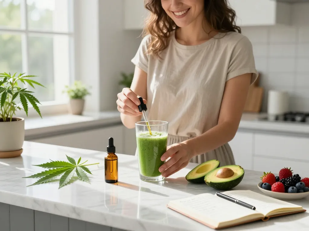 Sigarette elettroniche e olio di CBD in una cucina vivace, che promuovono il benessere naturale.
