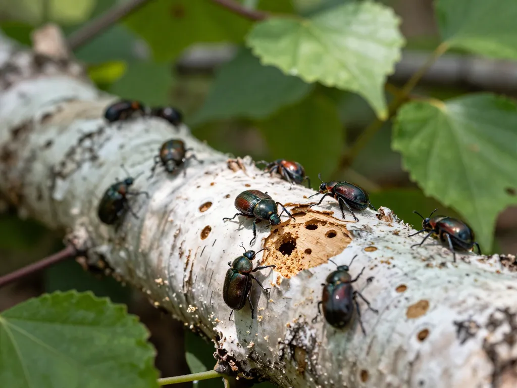 Coleotteri del legno emergenti da un tronco di betulla, che mostrano segni di infestazione con fori visibili e segatura.