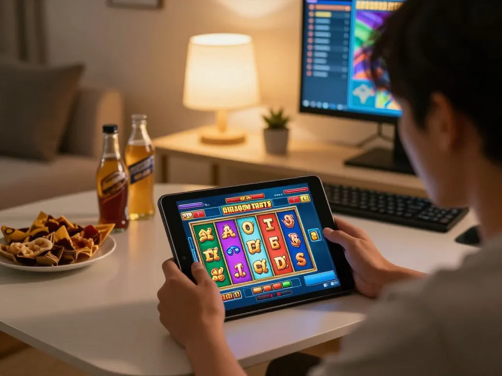 Player enjoying exciting slot games on 77WIN platform from a cozy home setup