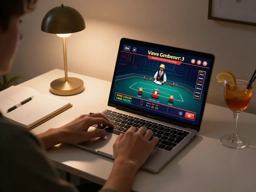 Engaging scene at https://sx88.bio/ featuring a live dealer game on a laptop, promoting strategic online gambling