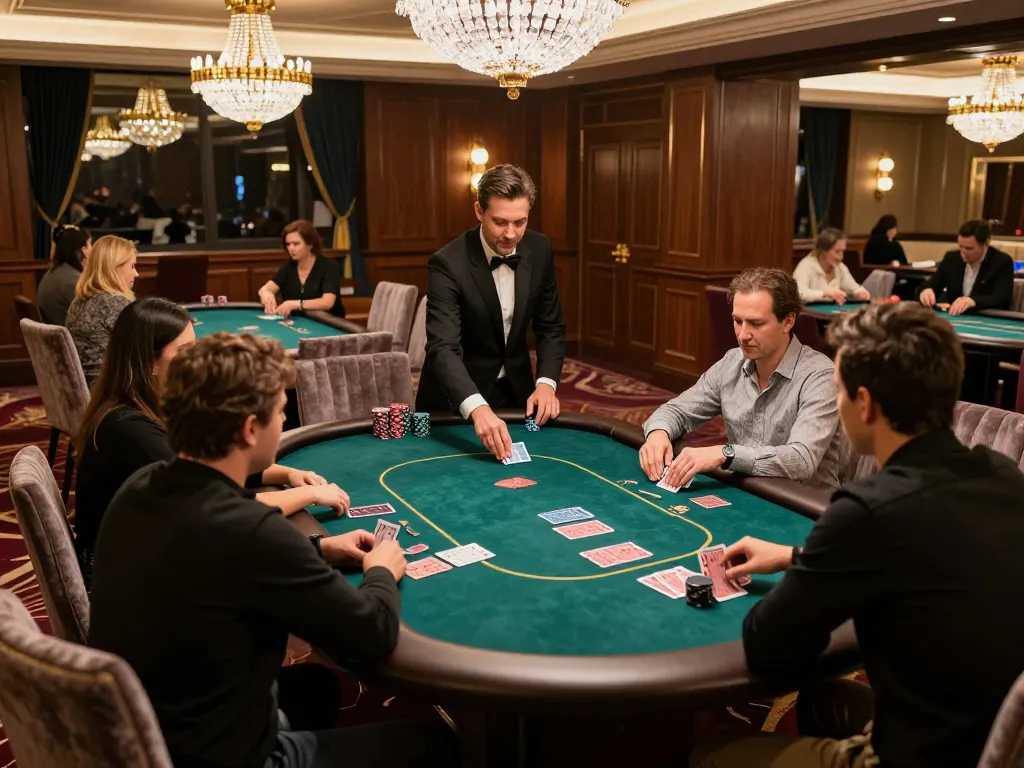 Players enjoying a thrilling poker game at Vipwin's luxurious table, showcasing strategic gameplay and excitement.