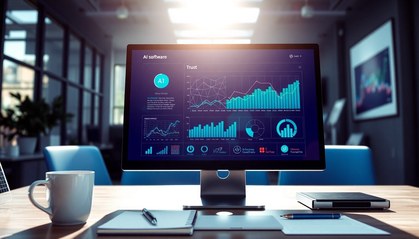 Showcasing AI Software interface on a computer screen in a vibrant office setting, enhancing productivity.