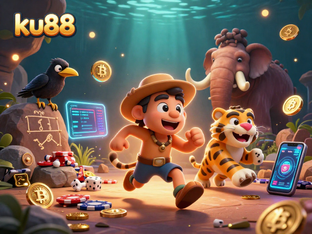 ku88 showcases a vibrant prehistoric casino scene with characters amid glowing crypto coins and glowing effects.
