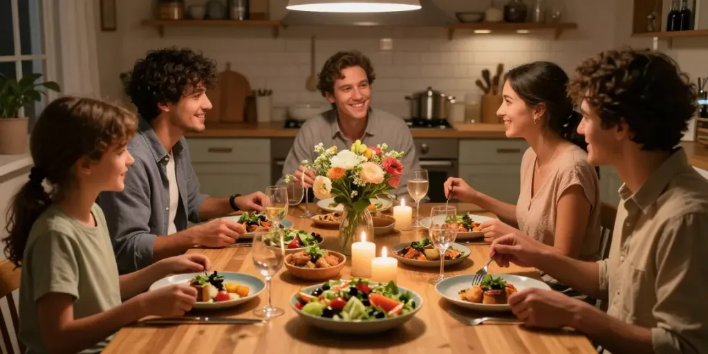 Family enjoying rokok88 meal in warm home dining setting with gourmet dishes.
