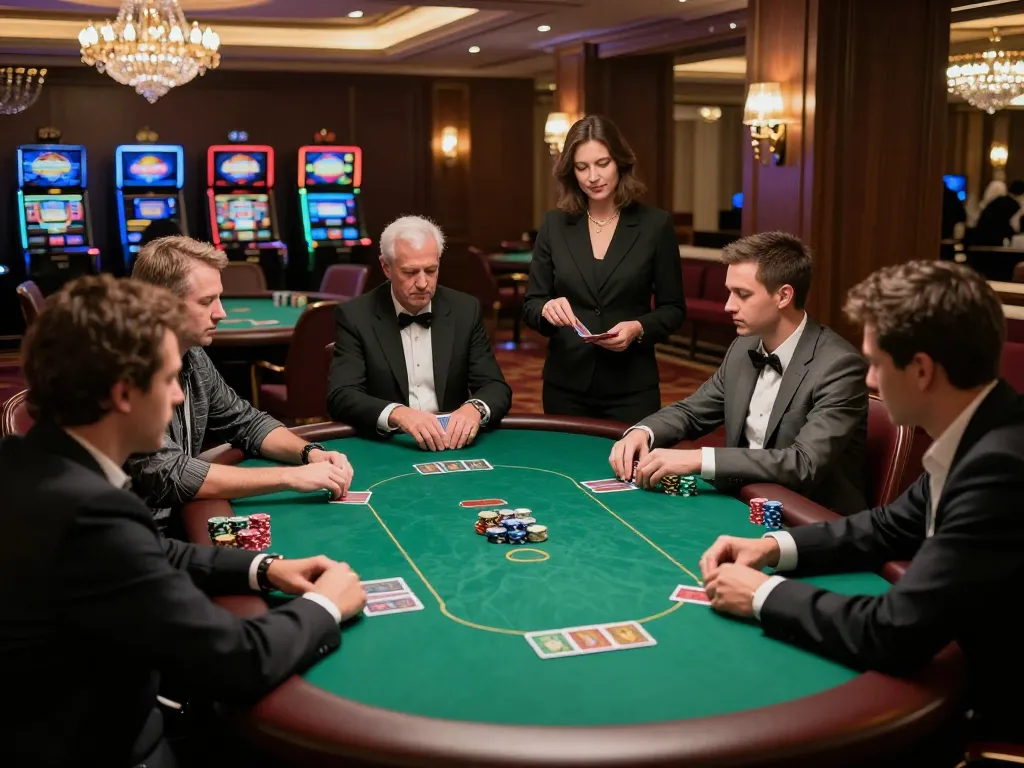 Players in cm88z casino intensely strategizing at a vibrant poker table under luxurious lighting