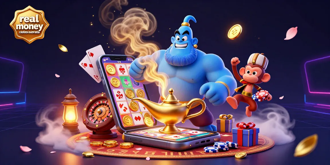 Engage with top real money casinos Australia featuring a vibrant scene of a cartoon genie, playing cards, and gaming elements.