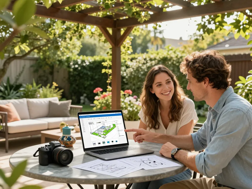 Couple using configuratore pergola online to design their perfect outdoor living space.
