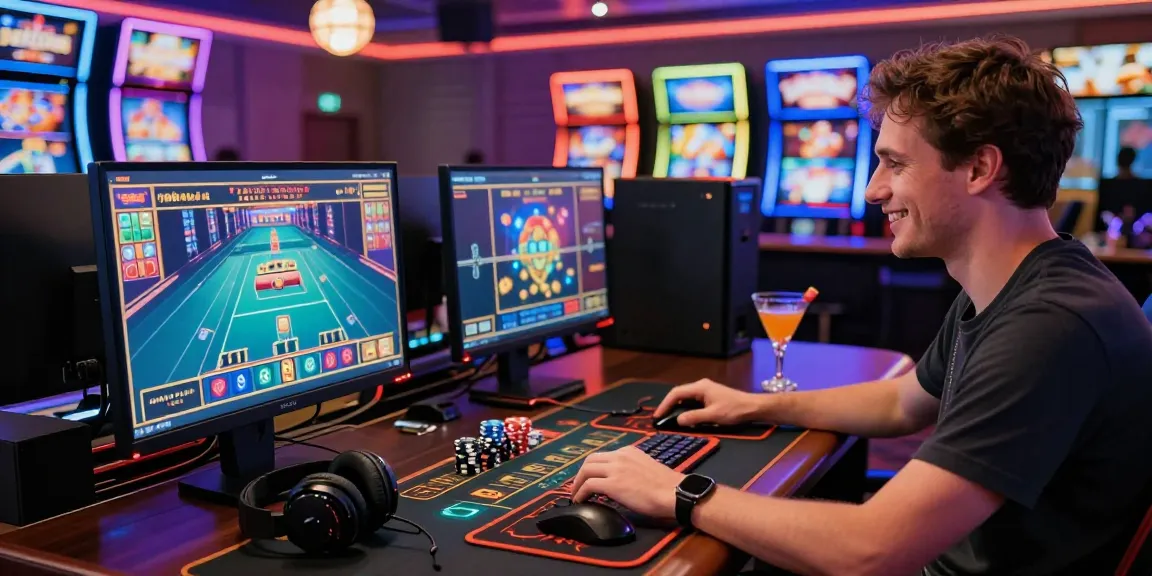 Engaged user at hm88 online casino gaming setup with multiple screens and vibrant LED lights.