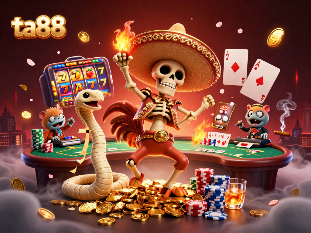 Experience thrilling gameplay at ta88 with a festive 3D scene featuring a skeleton mariachi, mummy snake, and zombie hamster DJ.