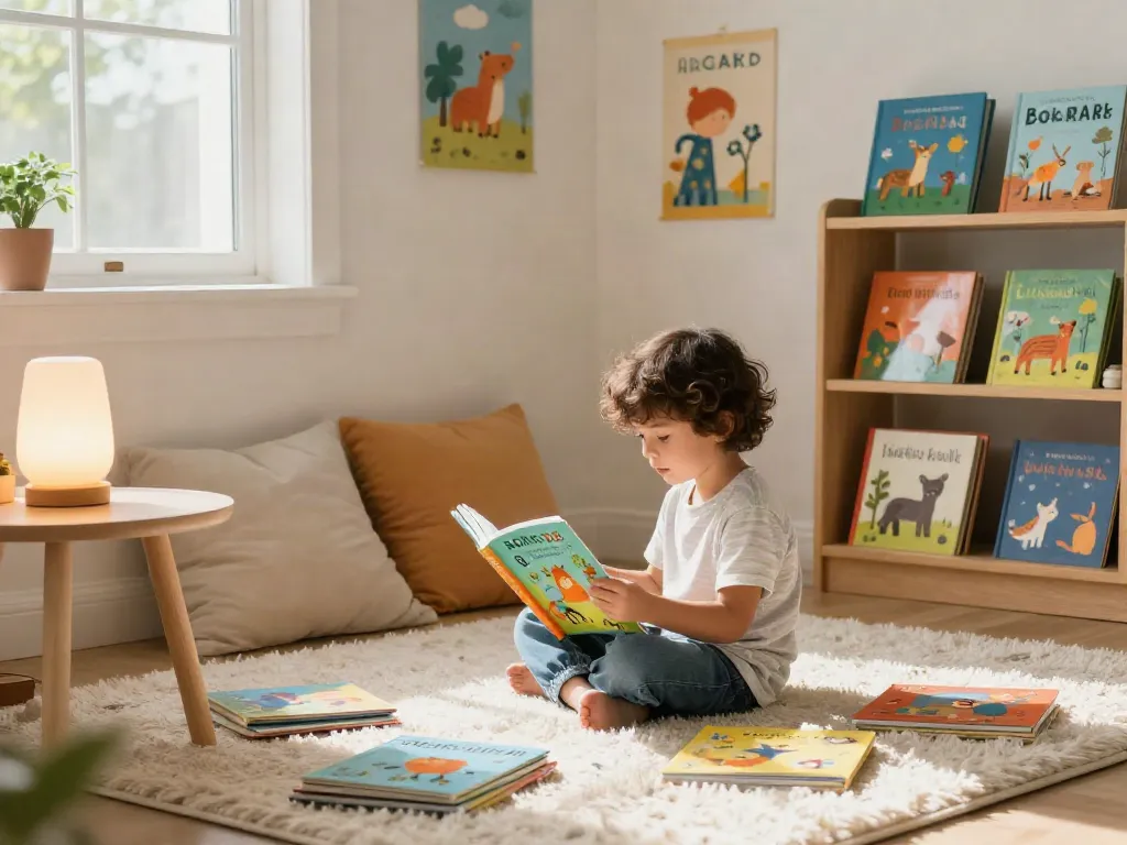 Child exploring ROKOK88 books in a cozy reading nook.