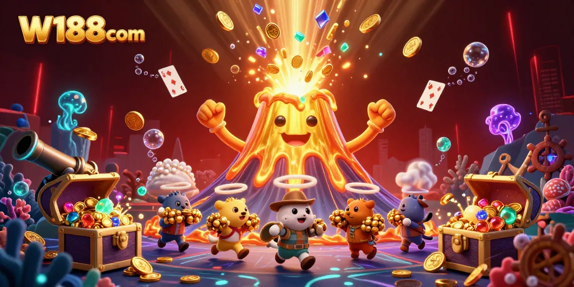 Play to win at W188 com with a vibrant 3D scene showcasing a golden volcano and treasure-filled adventure.