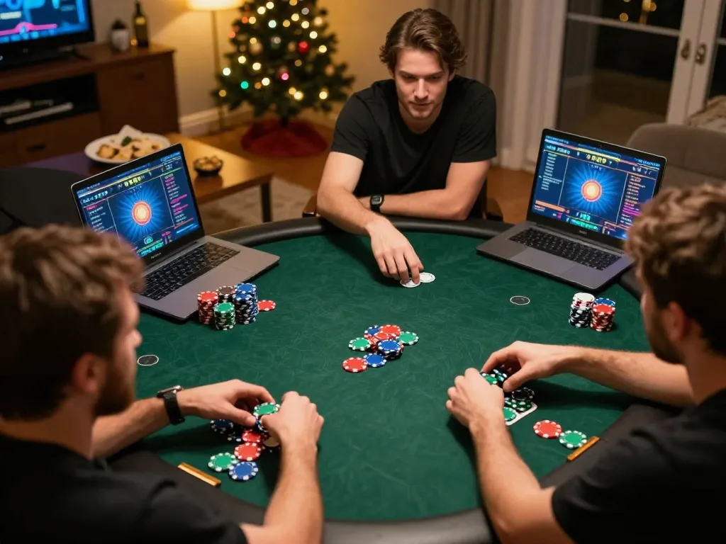 Playing an exciting online poker game at home on F8BET with chips and screens showing vibrant visuals.