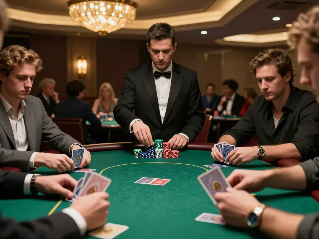Players strategizing in a high-stakes poker game at MB66 casino, vibrant ambiance and competitive atmosphere.