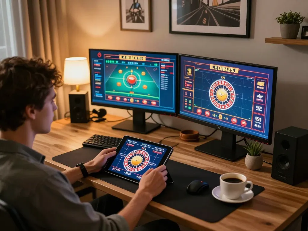 Engaging in strategic online gaming at F8 BET with a modern tablet setup, showcasing digital roulette.
