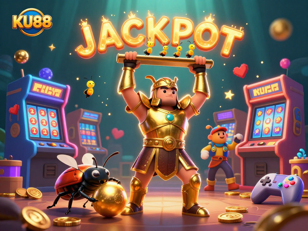 Celebrate wins with KU88's vibrant casino adventure featuring a hercules beetle and jackpot themes.