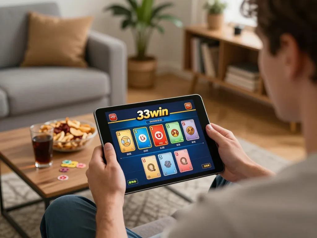 Player enjoying 33win online casino on tablet at home, showing engaging game interface