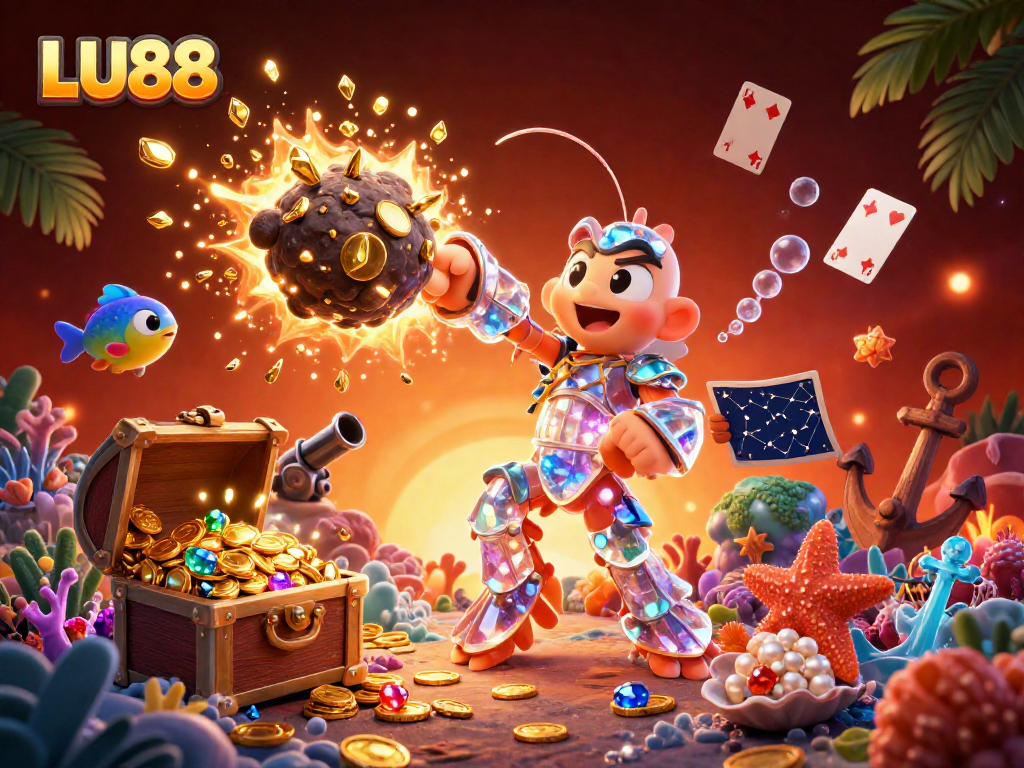 LU88 powers up with a dynamic casino illustration, featuring vibrant treasures and engaging themes.