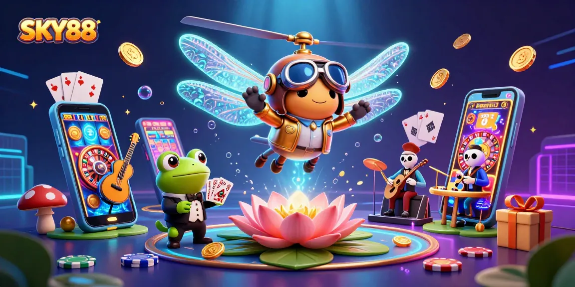 Engage in thrilling gameplay at SKY88 with a vivid 3D cartoon scene featuring a dragonfly pilot and a frog dealer.