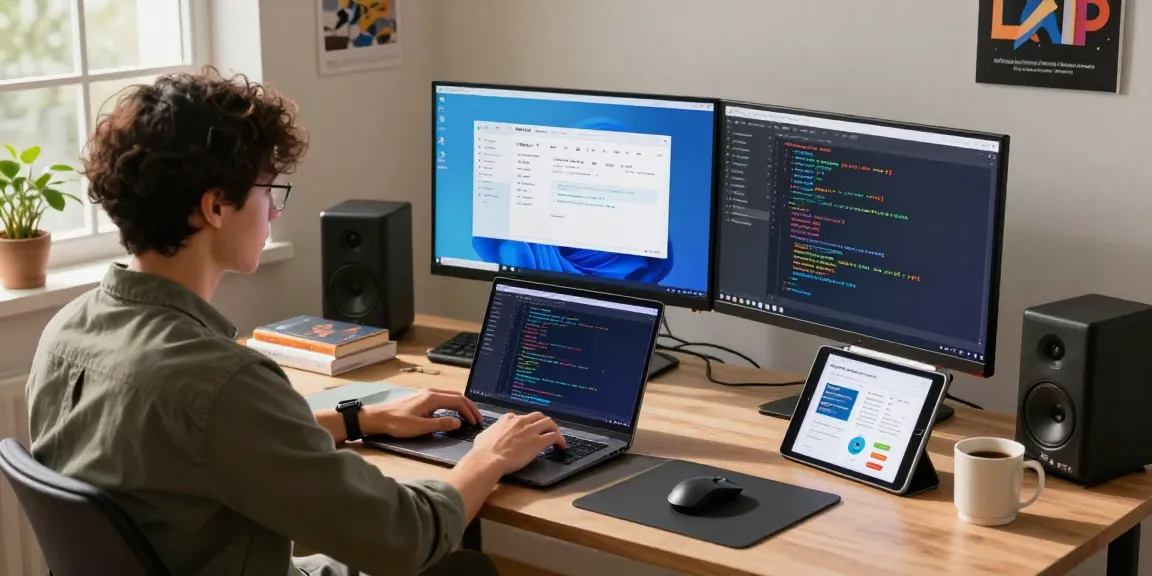 Developer engaging in remote work using WPS Download tools in a vibrant tech workspace