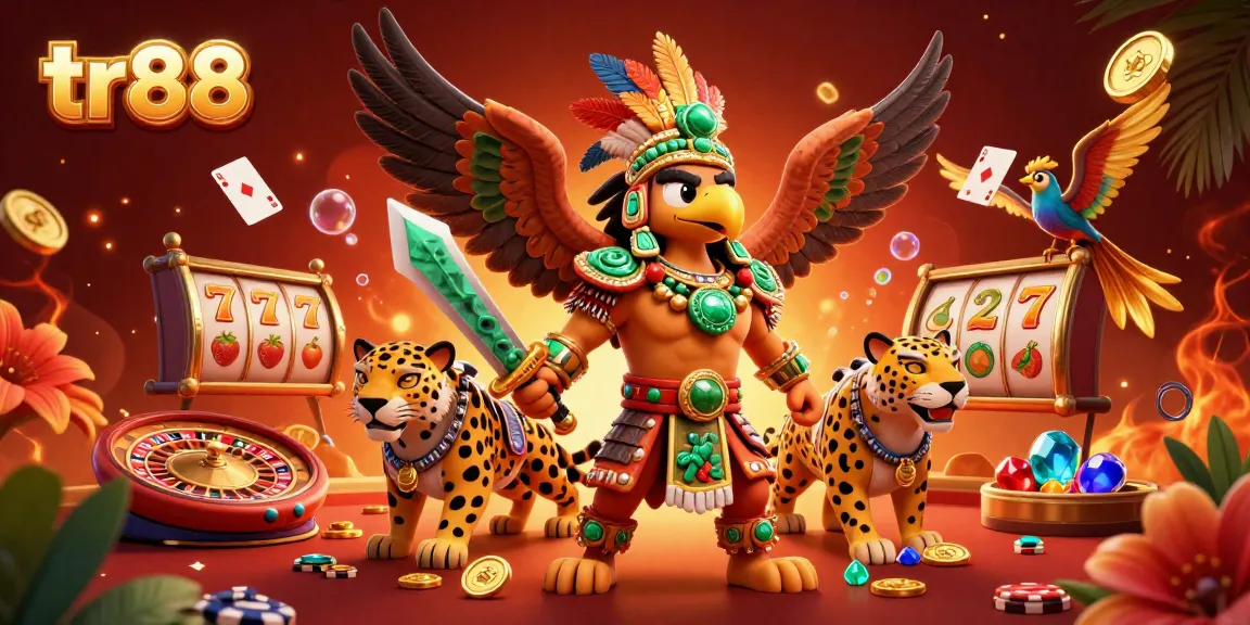 Experience the thrill of tr88 as an Aztec warrior and jaguar companion celebrate gaming success among floating cards and golden treasures.