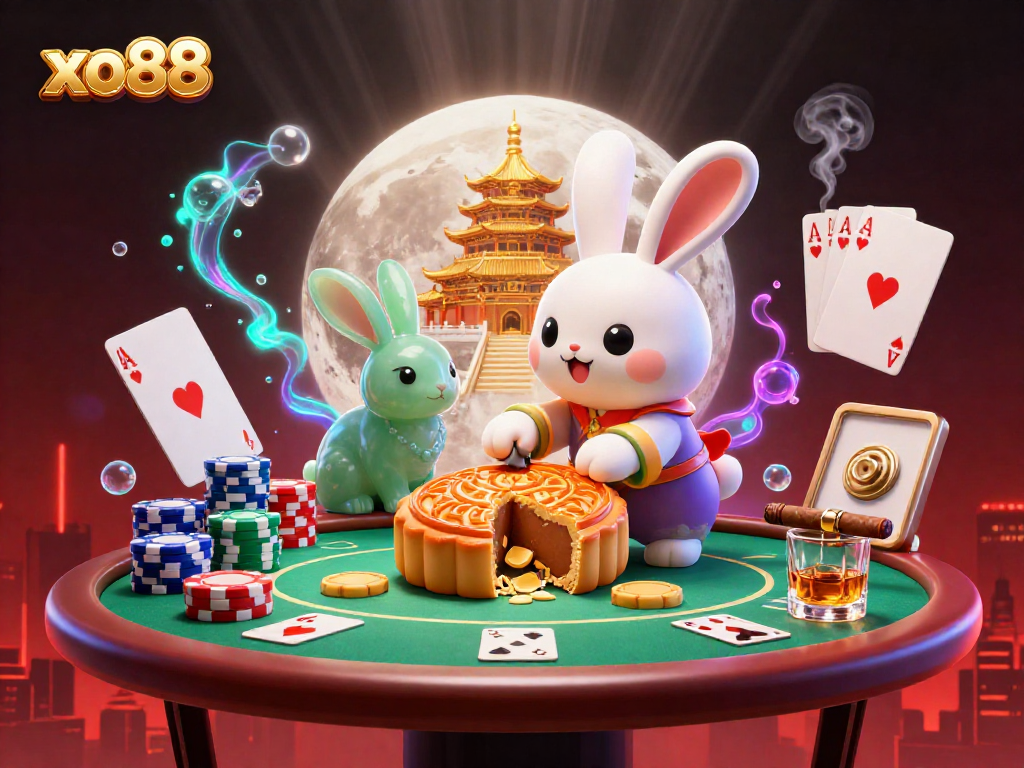 Celebrate winning moments with xo88 on a dynamic moon-themed casino illustration showcasing poker chips and enchanting visuals.