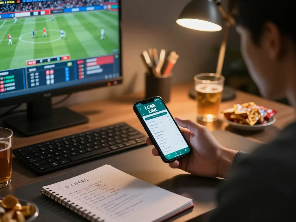 Engaging online sports betting moment with LC88 LINK app displayed on smartphone and strategies in view.