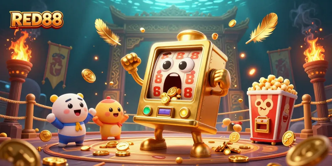 Experience the excitement of RED88 with golden slot machines celebrating jackpots amidst a vibrant casino backdrop.