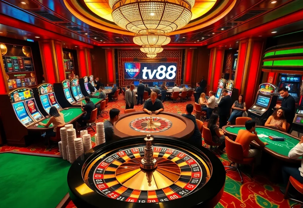 Players engage in thrilling casino games at a luxurious venue promoting https://tv88.network/ for exciting gambling experiences.