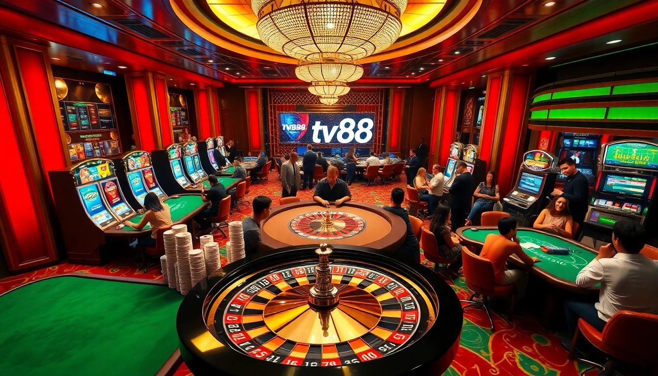Players engage in thrilling casino games at a luxurious venue promoting https://tv88.network/ for exciting gambling experiences.