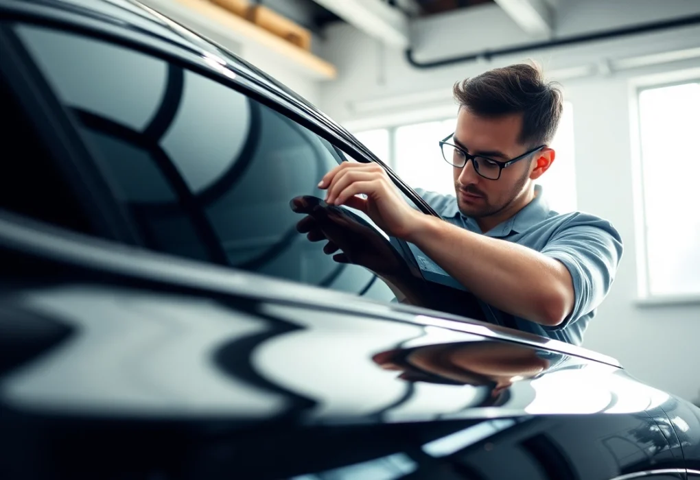 Technician applying ceramic window tint on luxury vehicle for enhanced comfort and UV protection.