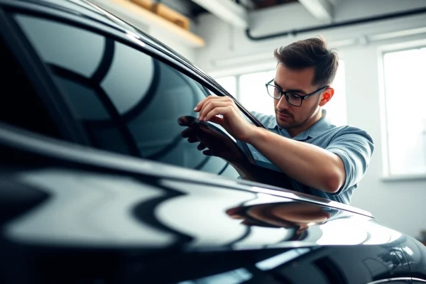 Technician applying ceramic window tint on luxury vehicle for enhanced comfort and UV protection.