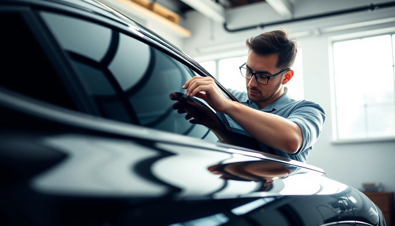 Technician applying ceramic window tint on luxury vehicle for enhanced comfort and UV protection.