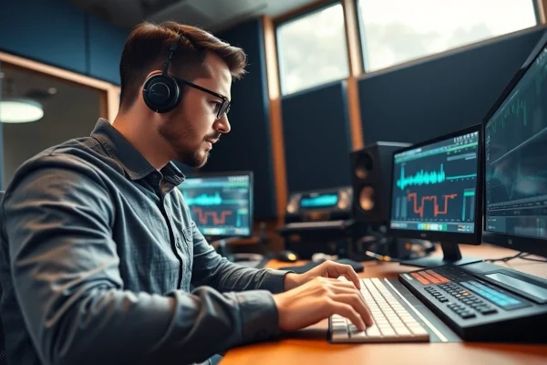 Engineer perfecting online audio mastering in a modern studio environment.