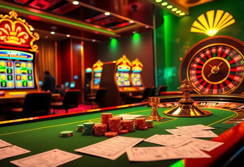 Nohu90 virtual casino scene with dynamic gambling elements like cards, slot machines, and betting slips.