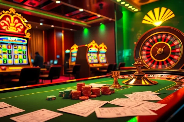 Nohu90 virtual casino scene with dynamic gambling elements like cards, slot machines, and betting slips.