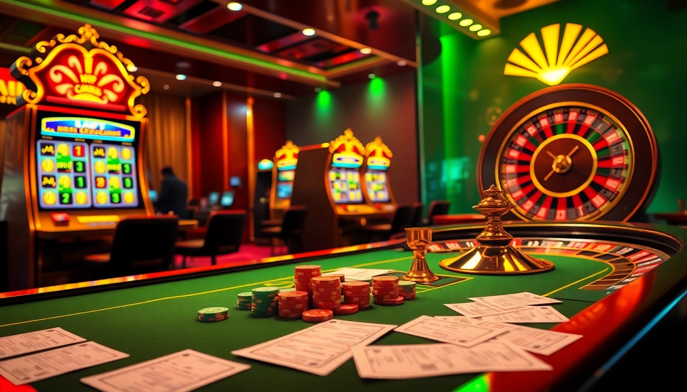 Nohu90 virtual casino scene with dynamic gambling elements like cards, slot machines, and betting slips.