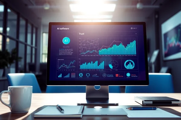 Showcasing AI Software interface on a computer screen in a vibrant office setting, enhancing productivity.