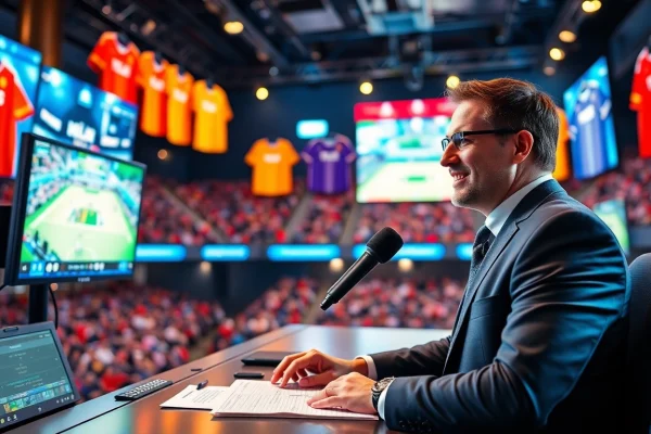 Engaging sports broadcasting scene with dynamic visuals and energetic atmosphere.